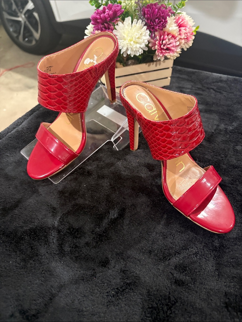 Calvin Klein Red Textured & Patent High Heel Slides